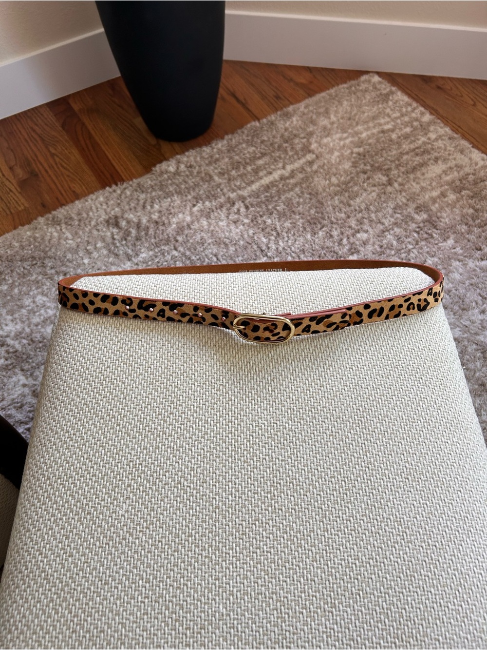 Leopard Print Skinny Belt with Gold Oval Buckle - Tan & Black